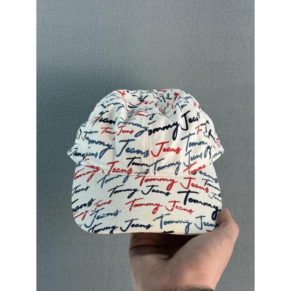 Tommy Jeans Hat Cap Snap‎ Back Mens One Size White Script Logo All Over